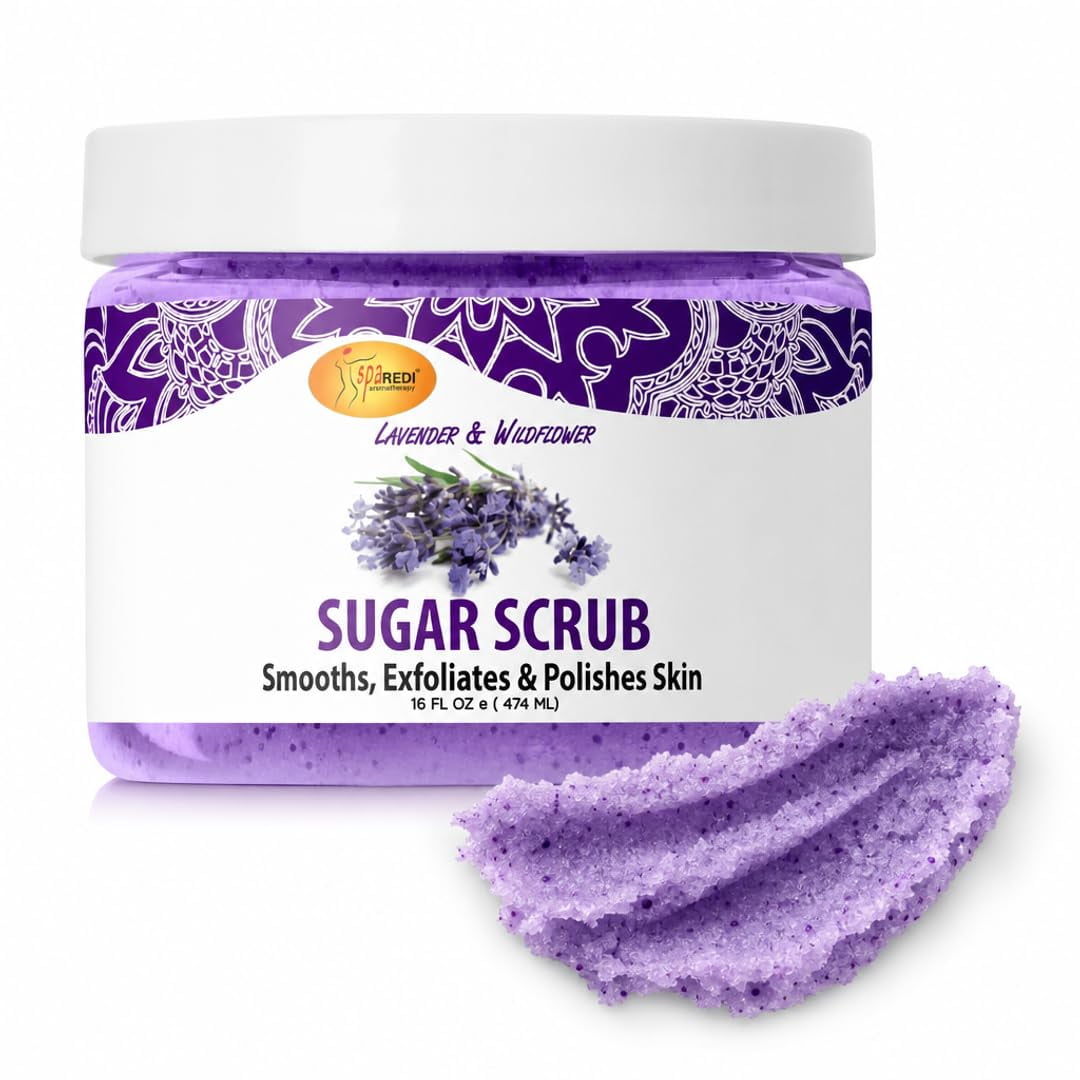 SPA REDI Sugar Scrub - Lavender and Wildflower - 16 Oz - Exfoliating, Moisturizing, Hydrating and Nourishing, Glow, Polish, Smooth and Fresh Skin - Body Exfoliator