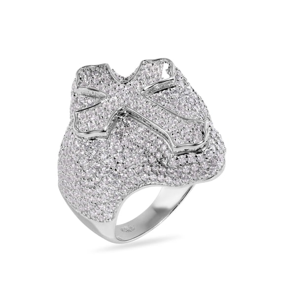 Rhodium Plated 925 Sterling Silver Cross Clear Cubic Zirconia Studded Band Ring White Female Size 12