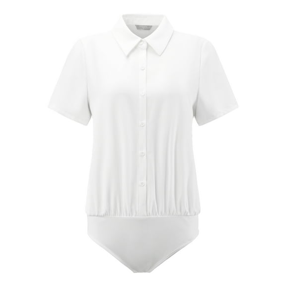 DARING DIVA Button Down Collared Short Sleeve Leotard Shirt Top S White