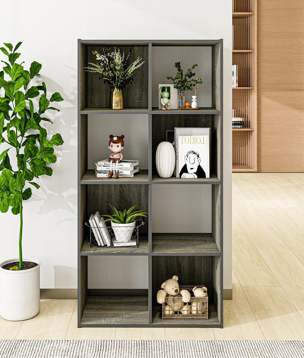 8 Cube Bookcase and Bookshelf, Freestanding Display Storage Shelves, Wooden Book Organizer for Living Room, Bedroom, Kids Room, Grey