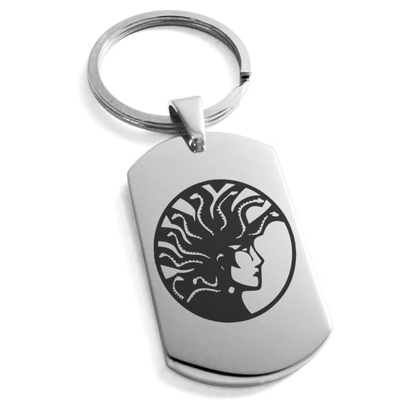 Stainless Steel Greek Mythology Medusa Engraved Dog Tag Keychain Keyring