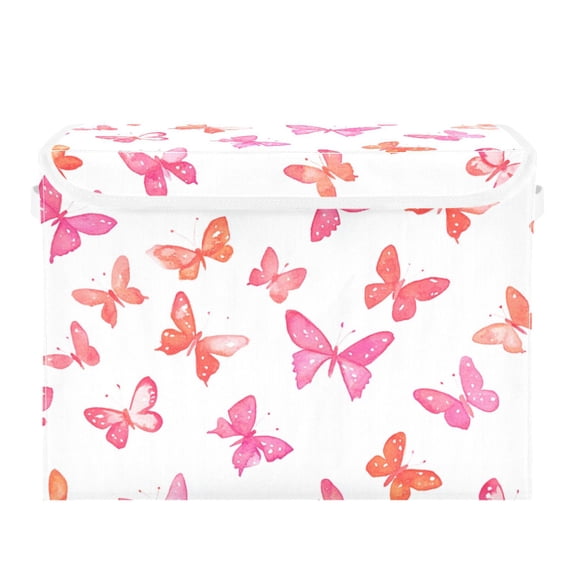 Watercolor Pink Butterfly Large Storage Bins with Linen Collapsible Lid Storage Box 16.7 x 12.6 x 11.8in