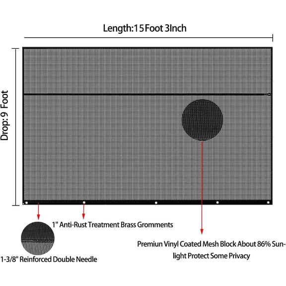 RV Awning Shade Screen with Zipper, 9'x15'3" Black 600D Mesh Blocks 88% Sunlight for Privacy and Sun Protection