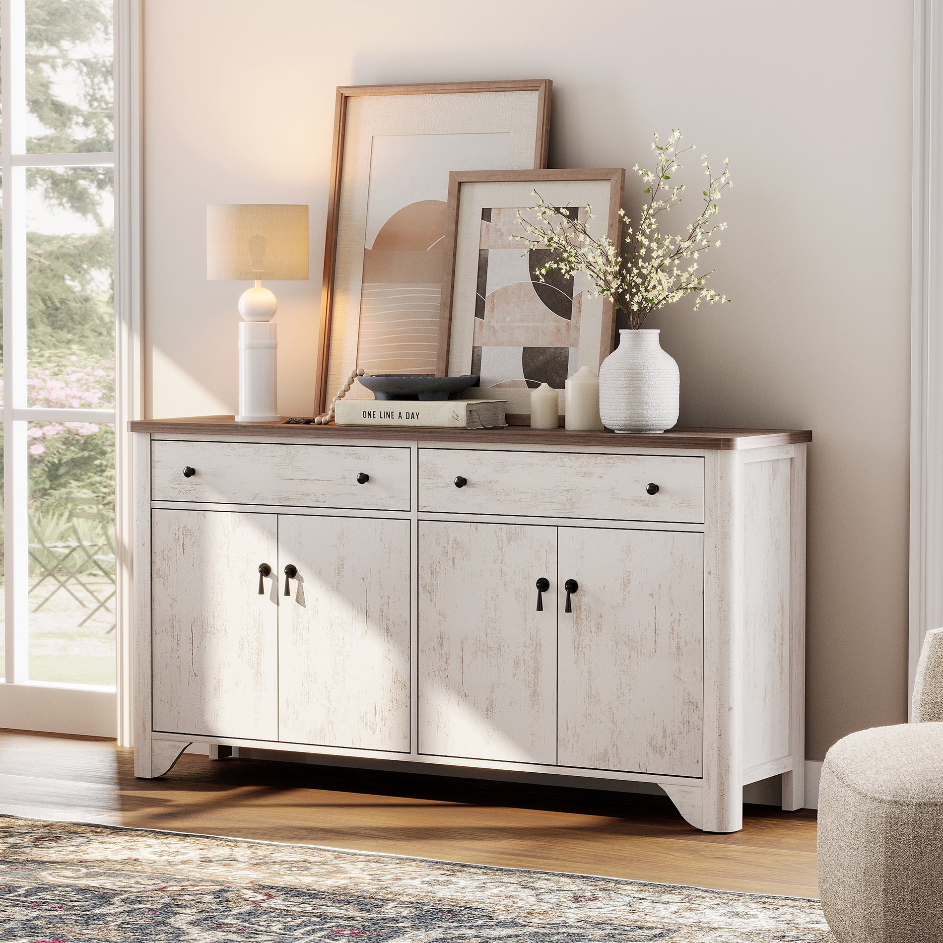 WAMPAT 59" Farmhouse Sideboard Buffet Cabinet with 3-Drawer Dresser Set of 2,Wood Coffee Bar Cabinet with Storage for Bedroom,Kitchen,Entryway,Hallway,and Living Room,White