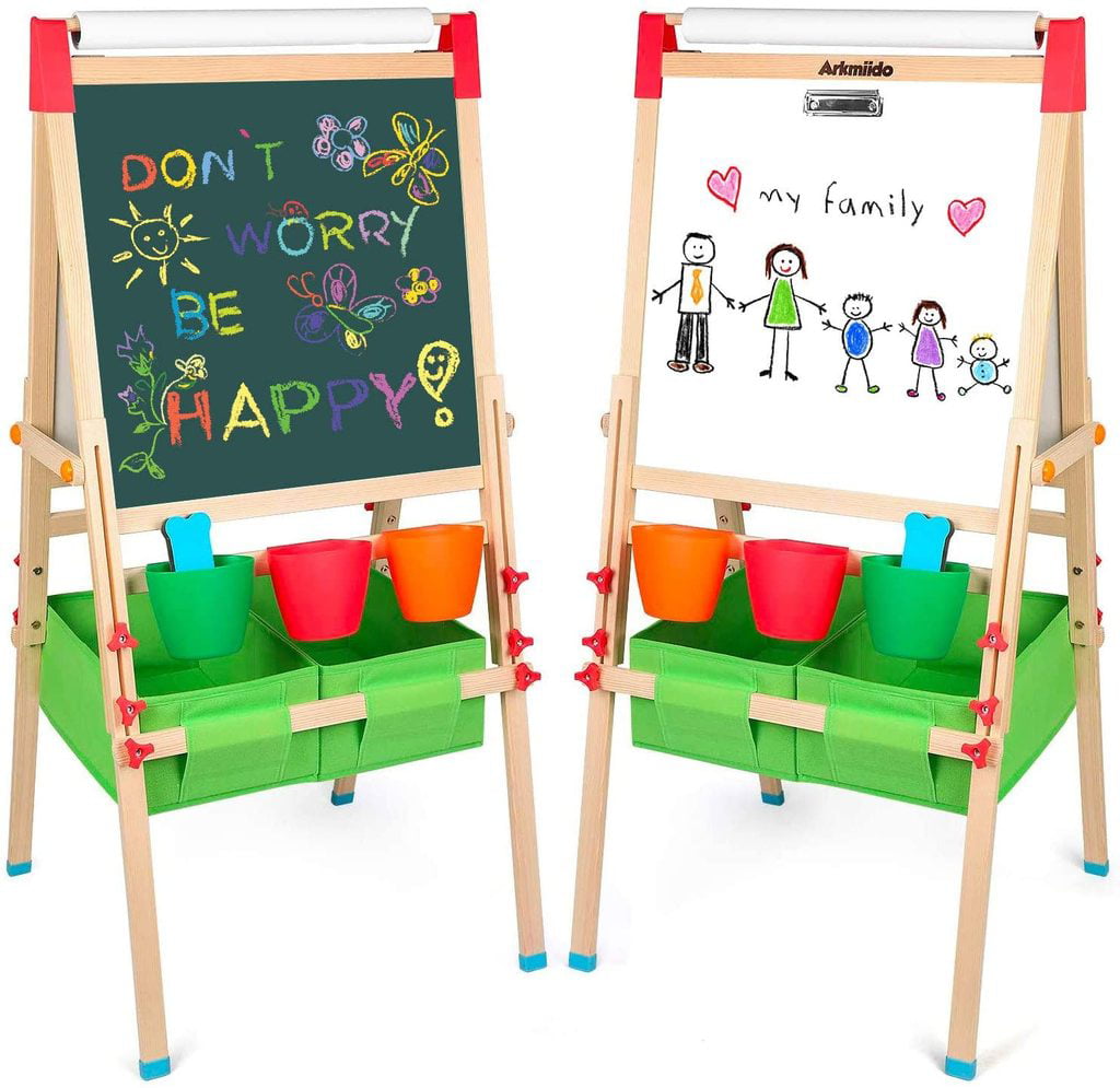 Pink Kids Easel with Paper Roll Double-Sided Whiteboard & Chalkboard Standing Easel with Numbers and Other Accessories for Kids and Toddlers 