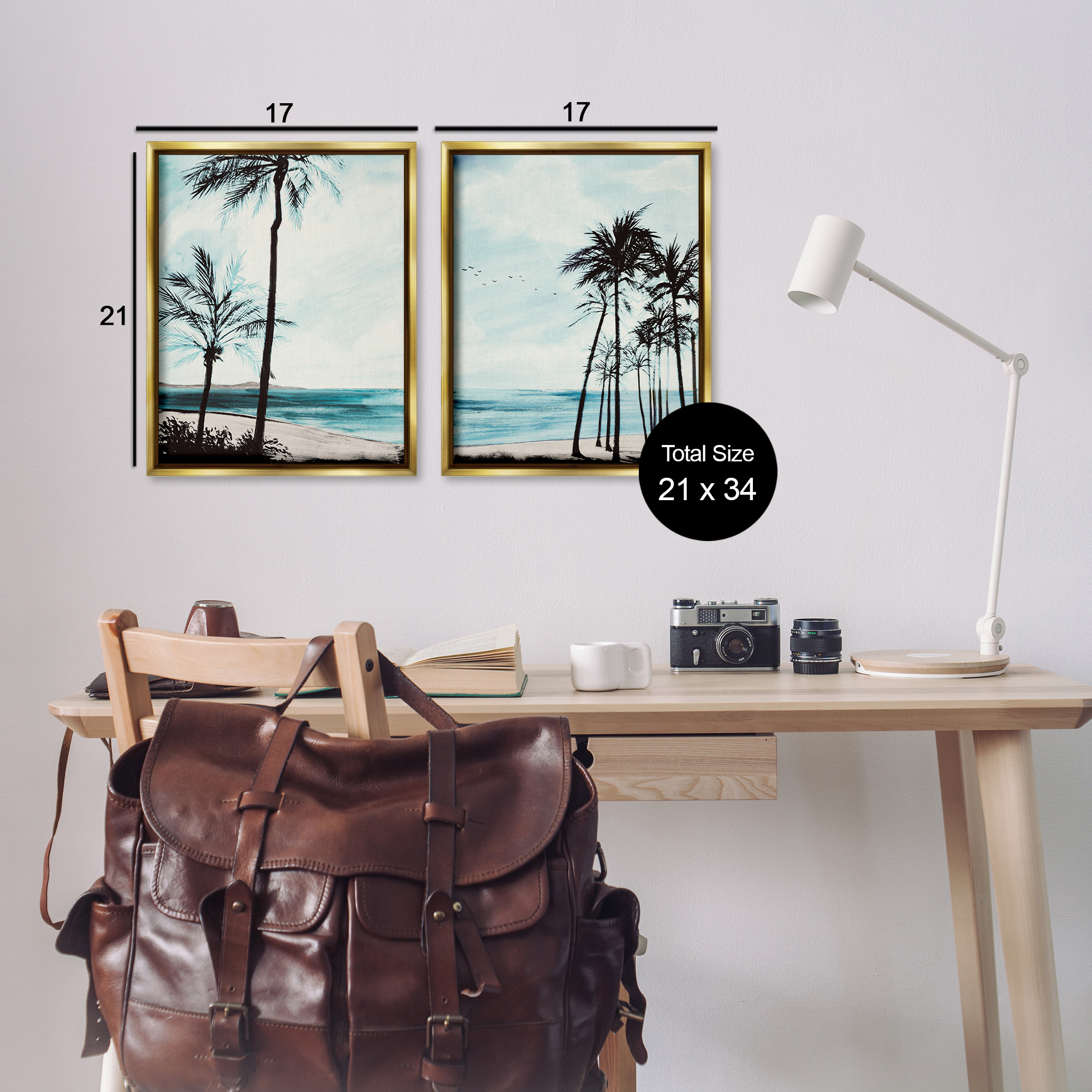 Stupell Industries Tropical Palm Seaview Landscape & Nature Painting Gold Floater Framed Canvas Art Print Wall Art, 17 x 21, Set of 2