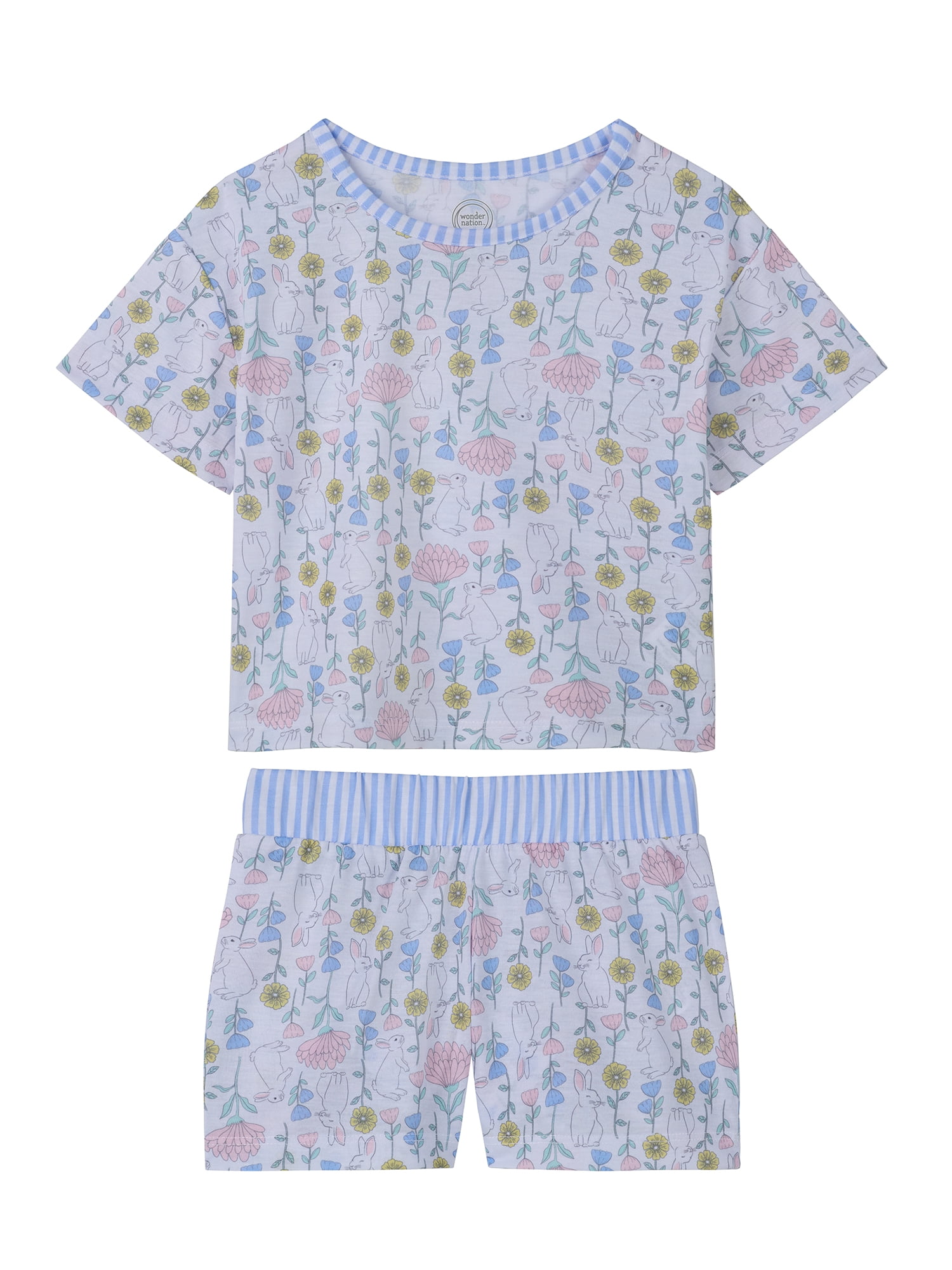 Wonder Nation Girls Tank, Short Sleeve Top, Sleep Shorts and Sleep Pant Pajama Set, 4-Piece, Sizes 4-18