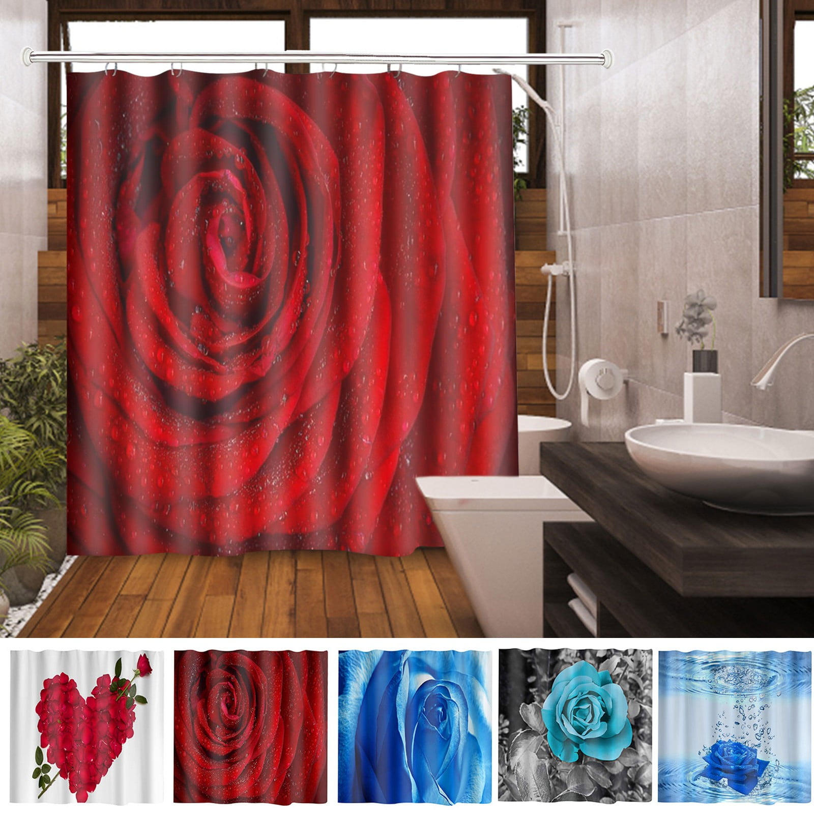 Red Rose Polyester Waterproof Bathroom Fabric Shower Curtain  With 12 Hook 