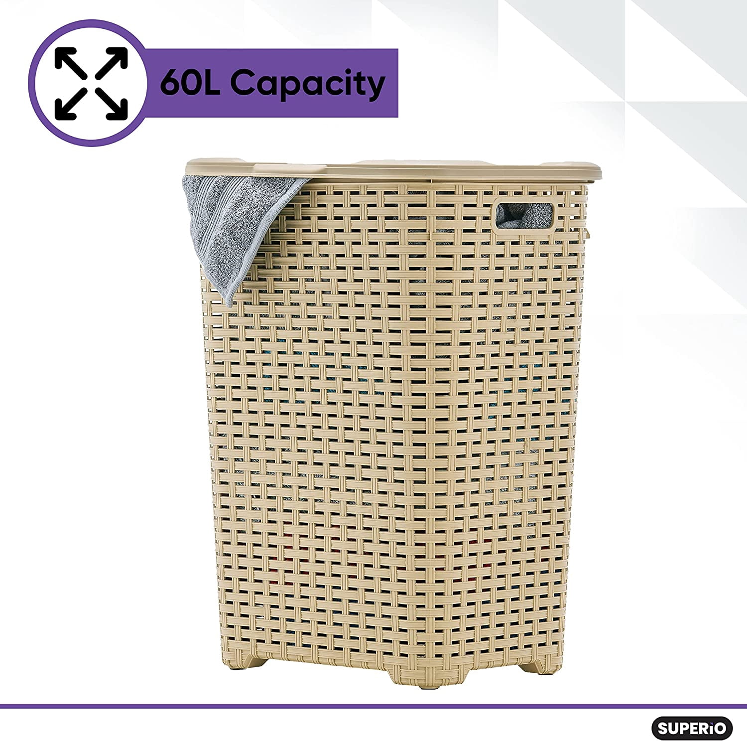 Superio 60L Large Wicker Plastic Laundry Hamper with Lid - Beige (3 Pack)