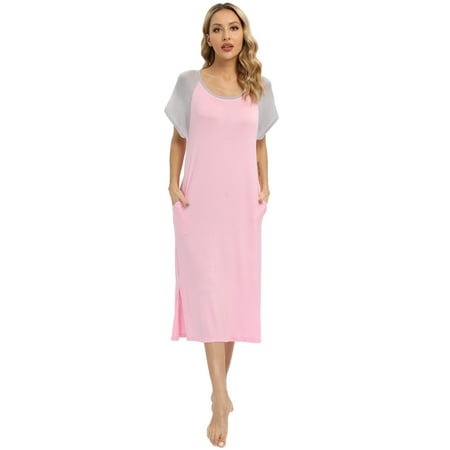 

Baywell Women s Sleepwear Casual Nights Short Sleeve Duster House Dress Long Nightgown Pink S-2XL