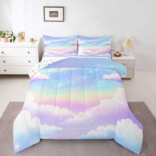 Erosebridal Rainbow Clouds Bedding Queen Comforter Set, Sky Stars Down Comforter, Girls Room Decor, Reversible 3 Pieces