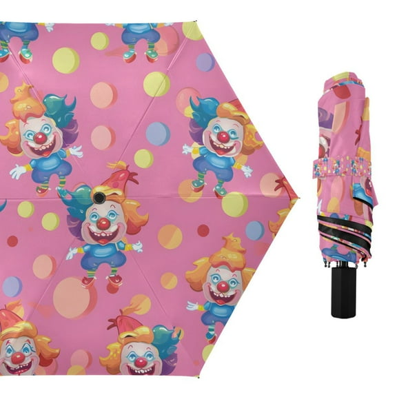 Cute Clown and Polka Dots Compact Sun Umbrella Windproof Travel Umbrellas for Rain Strong Portable UV Protection