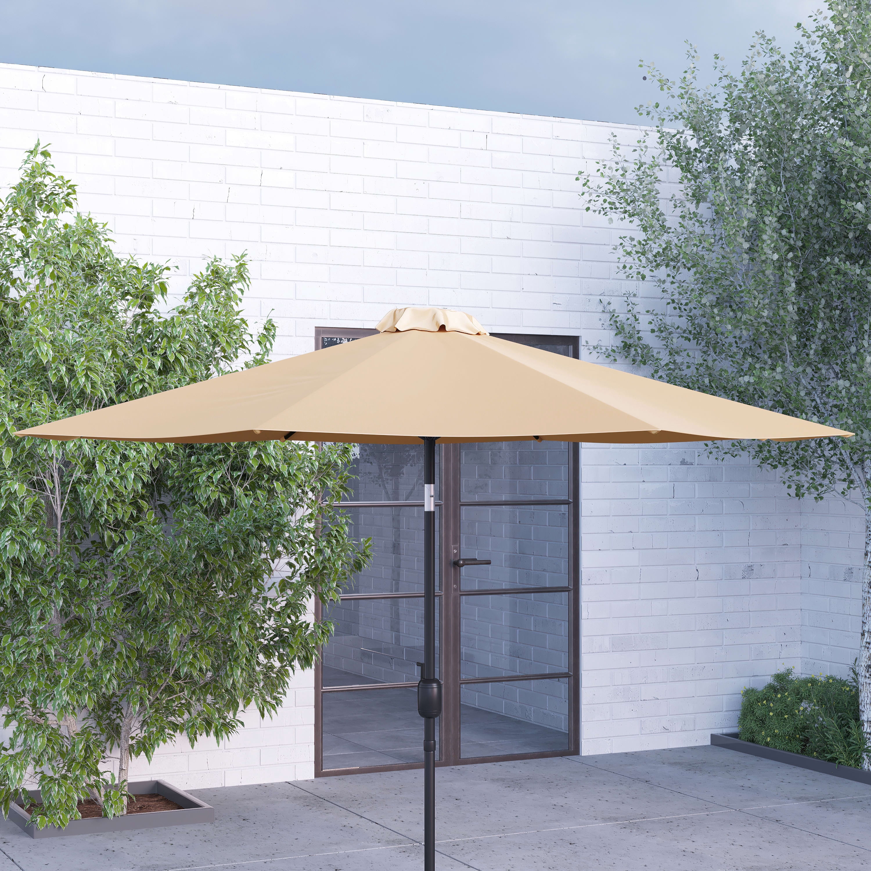 Merrick Lane Tan 9' Round UV Resistant Outdoor Patio Umbrella With Height Lever And 33° Push Button Tilt