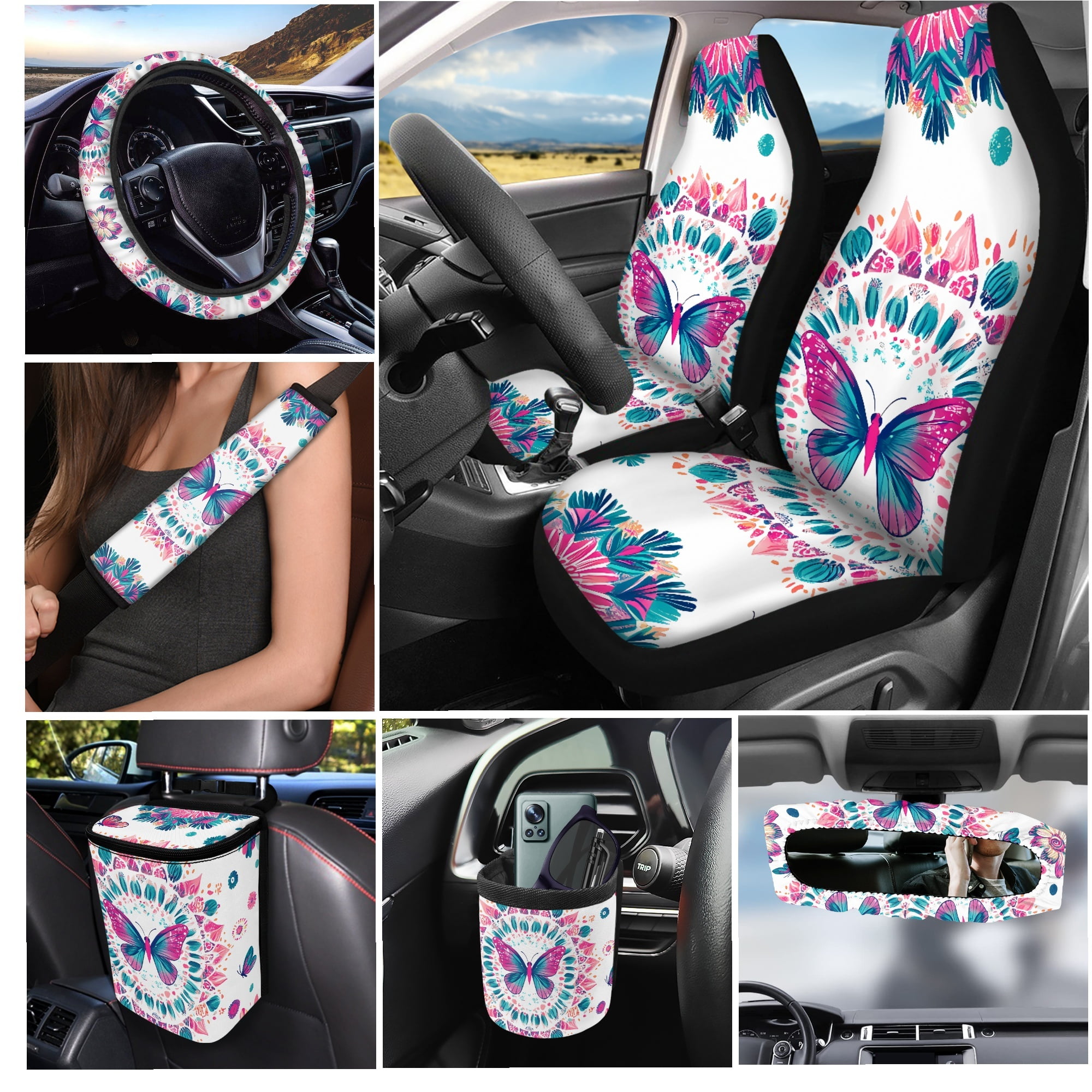 Yuyamidu Butterfly Car Seat Cover Full Set of 15 Flower Steering Wheel Cover Seat Belt Strap Cover Trash Can Rear View Mirror Cover Auto Coaster Wristlet Keychain Air Vent Storage Bag Car Decor