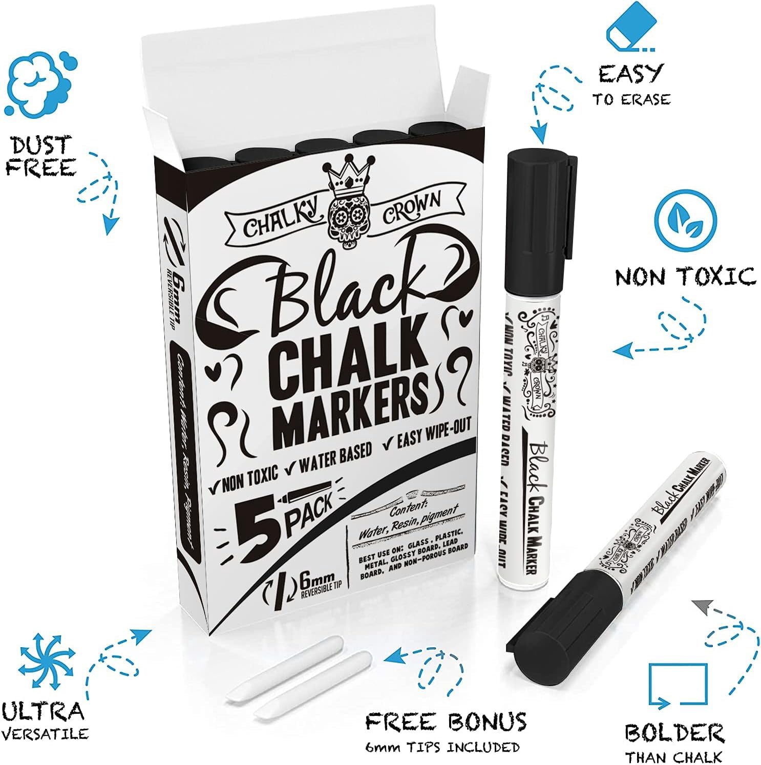 Liquid Chalk Marker Pen - Dry Erase Marker - Chalk Markers for Chalkboard Signs, Windows, Blackboard, Glass - 6mm Reversible Tip (Black, 5 Pack)
