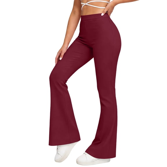 Women's Bell Bottom Pants High Elastic Waist Trousers Solid Full Length Fitness Pants Pull On Athletic Pants for Yoga Pilates Running Wine L