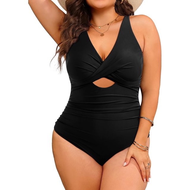 GFDYREE Women Plus Size One Piece Swimsuits V Neck Tummy Control Bathing Suits Front Cross Swimwear