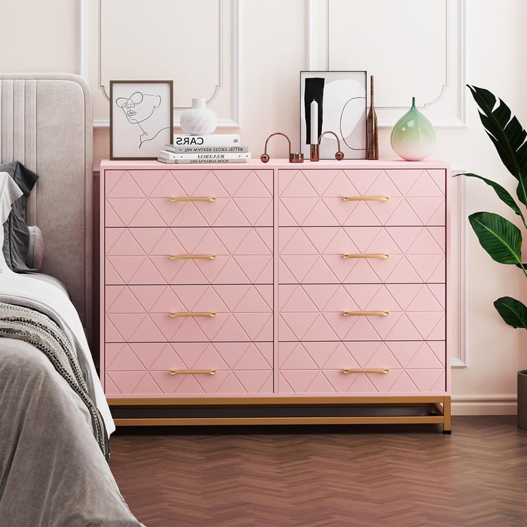black and pink dresser Senfot Modern 8-Drawer Dresser with Gold Handles, Available in Black or  Pink, Stylish Storage Solution