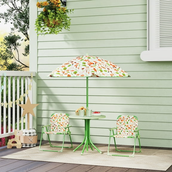 Qaba Kids Picnic Table and Chair Set, Outdoor Activity Table with 2 Foldable Chairs, Removable Umbrella, for Backyard, Garden, Green