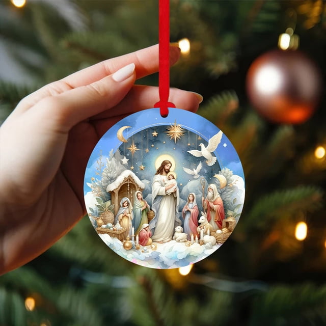 Wooden Nativity Scene Ornaments for Christmas Tree - Religious Decor with Carved Nativity Design