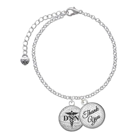 Delight Jewelry Silvertone Domed Black DSN - Domed Thank You Charm Bracelet, 6"+2"