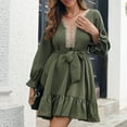 thumbnail image 6 of biudgviw Fall Dresses for Women Fashion Lace Cutout V Neck Long Sleeve Mini Dress Loose Ruffle Hem Beach Vacation Dress, 6 of 7