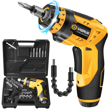 

VIGRUE Cordless Screwdriver 4V MAX 2000mAh Li-ion with 45 Free Accessories Battery Indicator 7 Torque Setting 2 Position Handle with LED Light Flexible Shaft (Yellow)