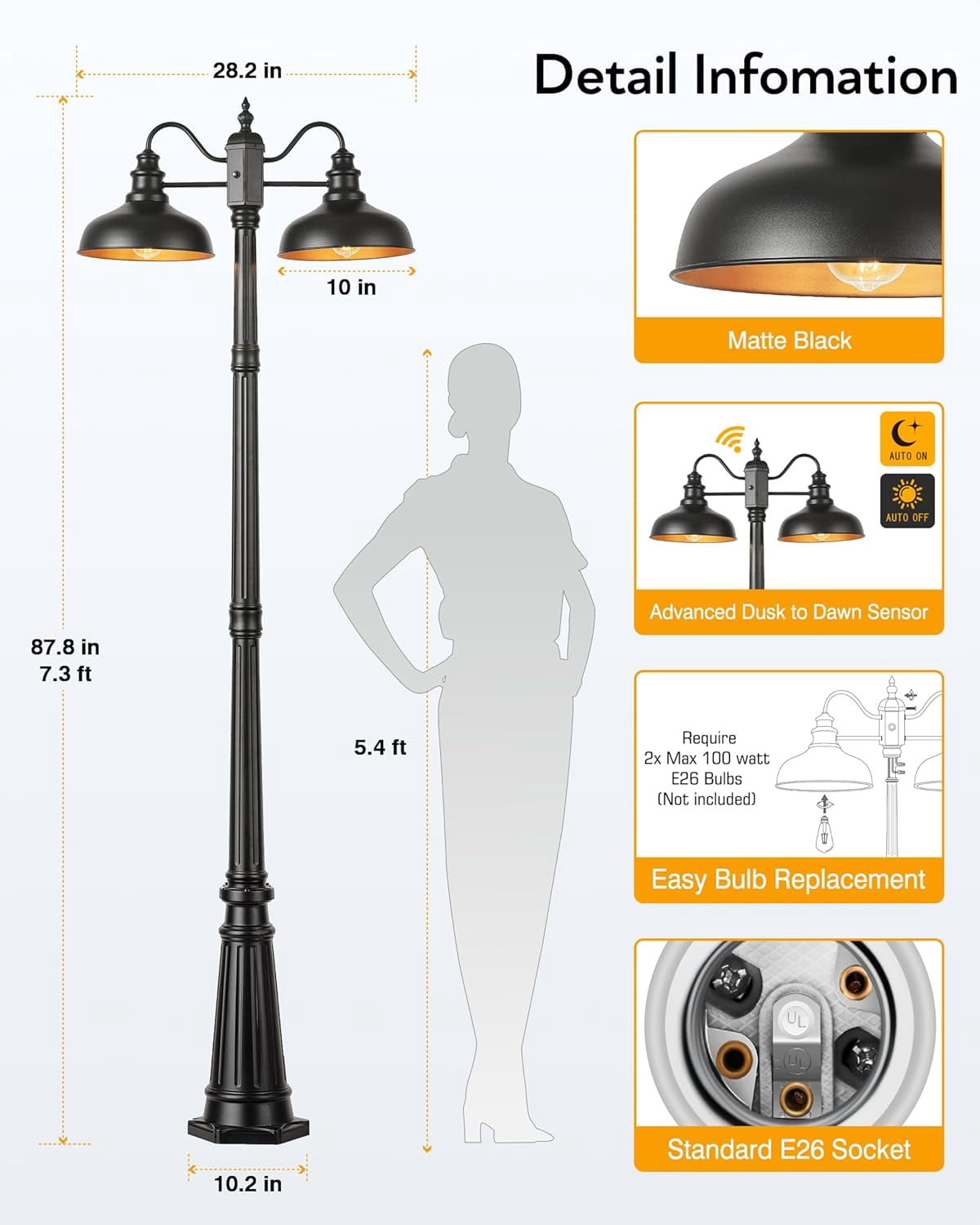 VIANIS Farmhouse Outdoor Lamp, Dusk to Dawn, Anti-Rust Black, Waterproof Light Posts for House, Garden, Patio, Pathway, Vintage Style