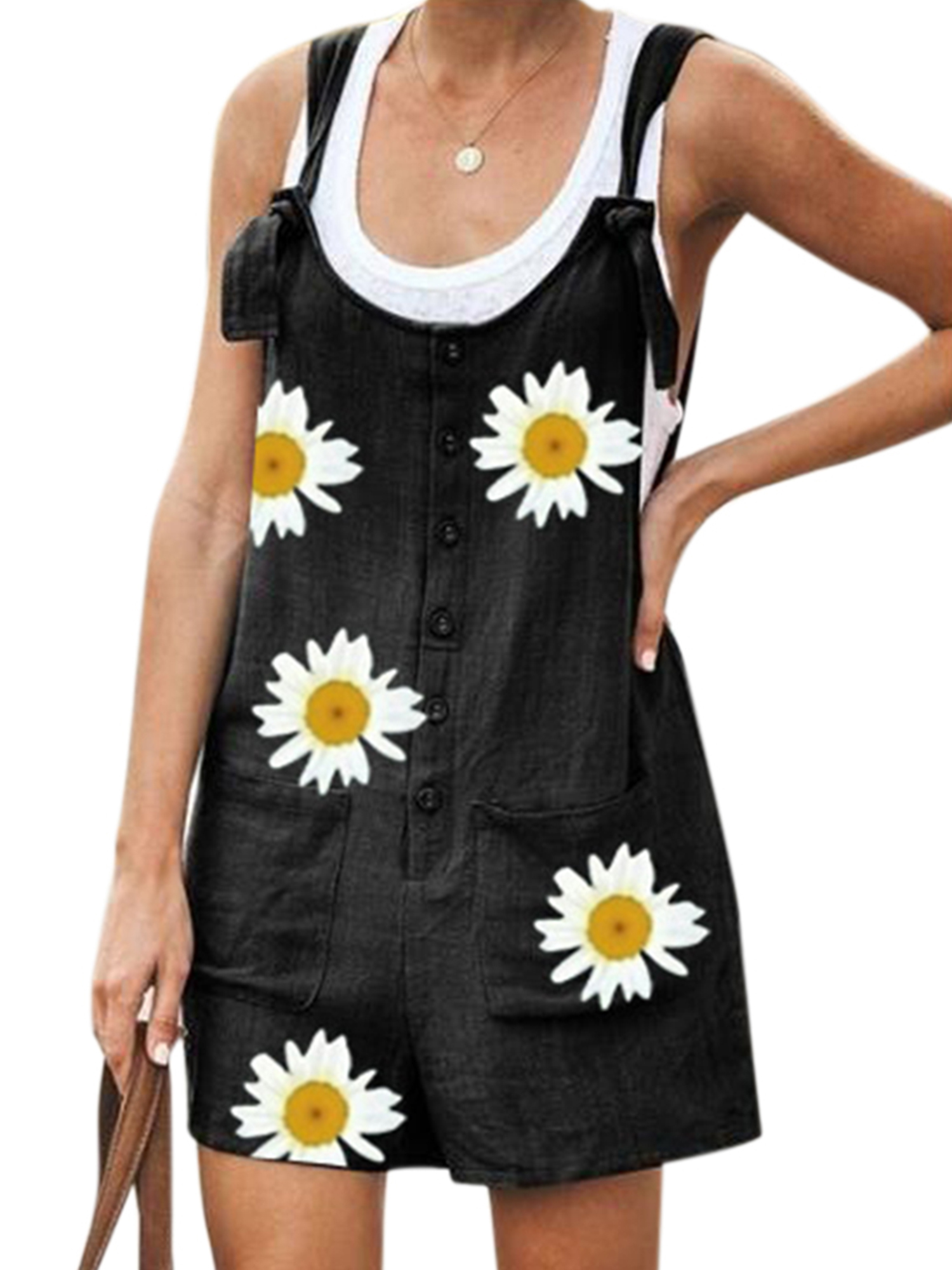 Wodstyle Womens Floral Strappy Summer Casual Short Jumpsuit Loose Fit