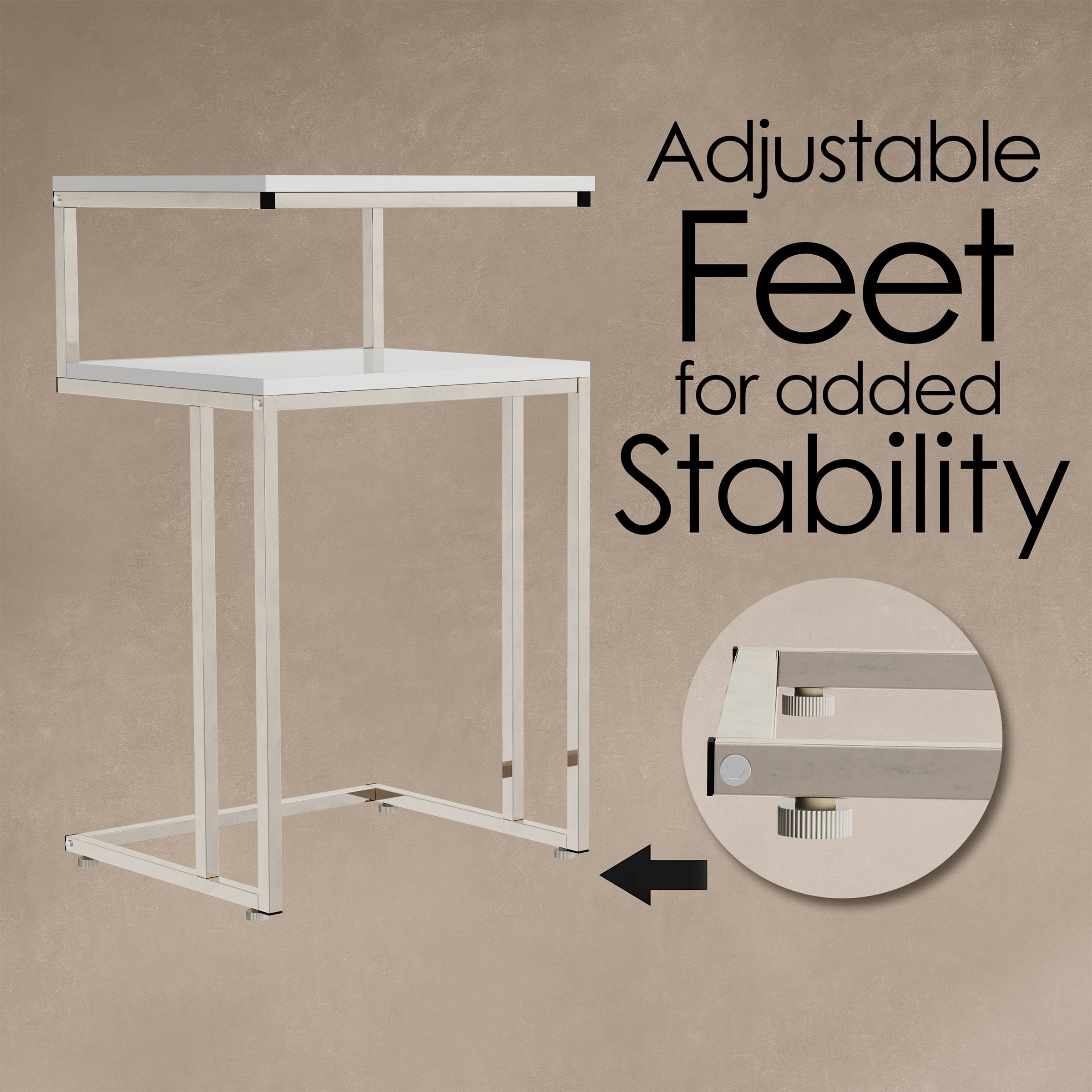 Lavish Home 2-Tier C-Shaped Side Table with Chrome Metal Finish (White)