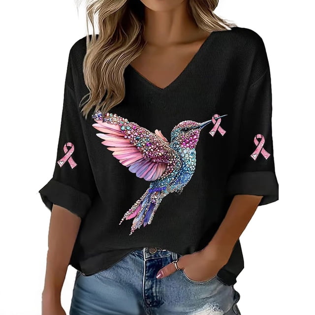 Breezora Haut pour Femmes avec Design Colibri et Ruban pour Sensibilisation à une Cause, Confortable, Col Rond, Manches Courtes, Taille TTG, Noir