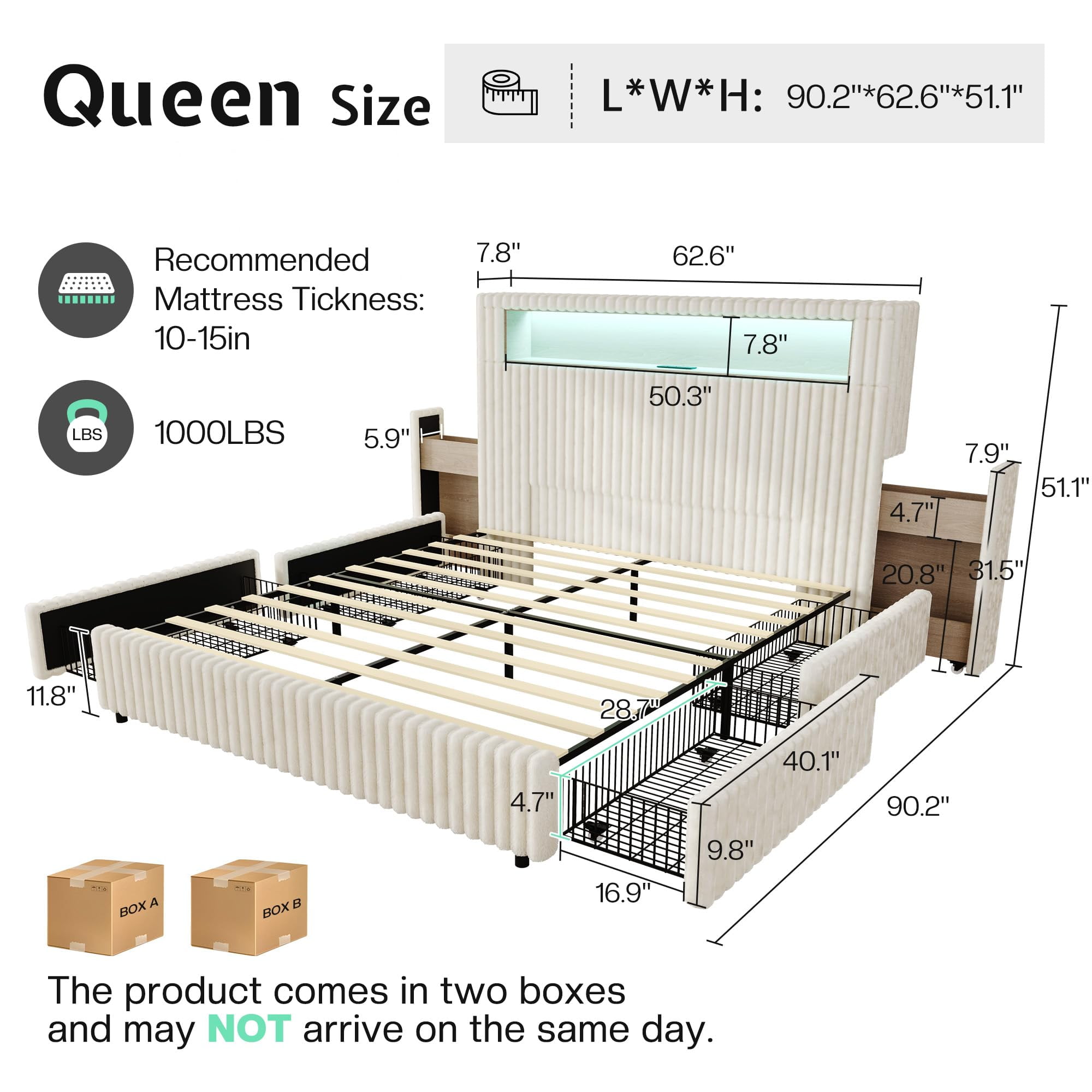 VanAcc Queen Size Storage Bed Frame with 51.2" Tall Upholstered Headboard, Built-in 6 Drawers & Bookcase, USB Ports & RGB LED Lights, Cream