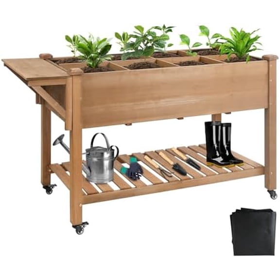 Raised Garden Bed with Legs & Wheels 55.5" x 24" x 32" Outdoor Planter Box with Storage Shelf & Hooks for Patio Backyard Balcony Gardening Mobile Planter for Vegetables Herbs Flowers (Brown)