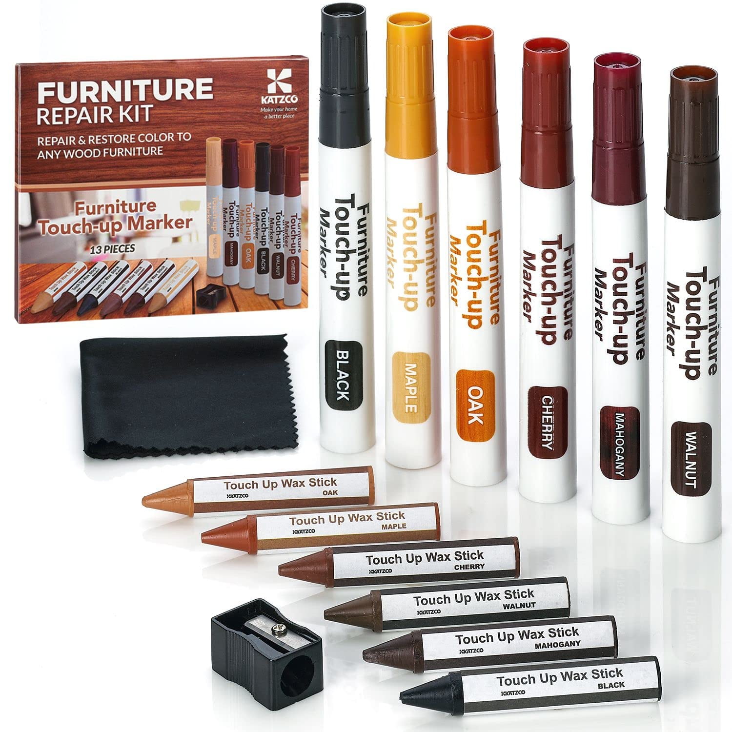 Katzco Wood Furniture Repair Kit Set of 13 Wood Markers and Wax