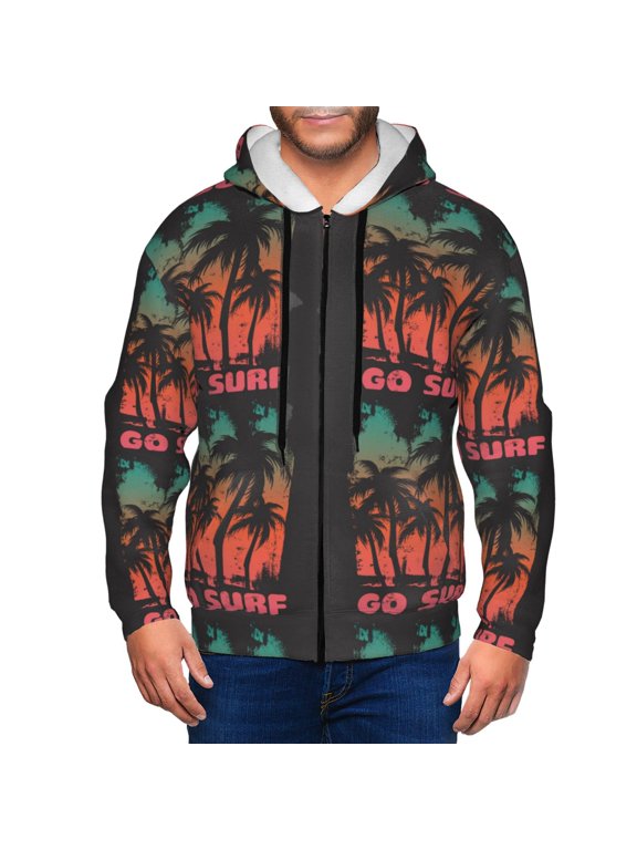 Go Surfer Print Men Hoodies Casual Hoodies for Men with Zip Pockets Full Zip Long Sleeve Sweatshirt Sports Hooded Jacket-X-Large