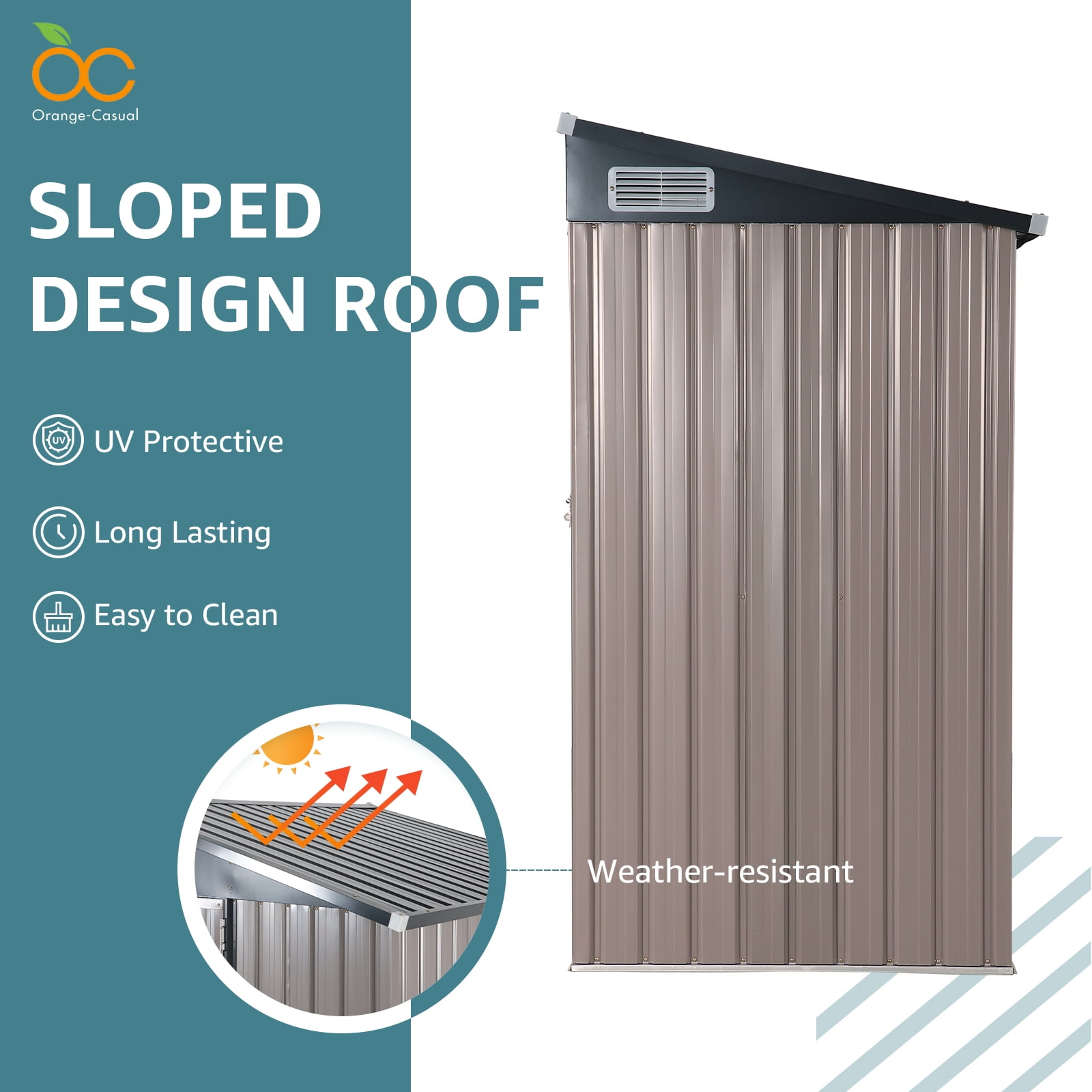 OC Orange-Casual 5' x 3' FT Outdoor Storage Shed, Metal Garden Tool Shed with Lockable Door, Outside Sheds & Storage Galvanized Steel, Brown