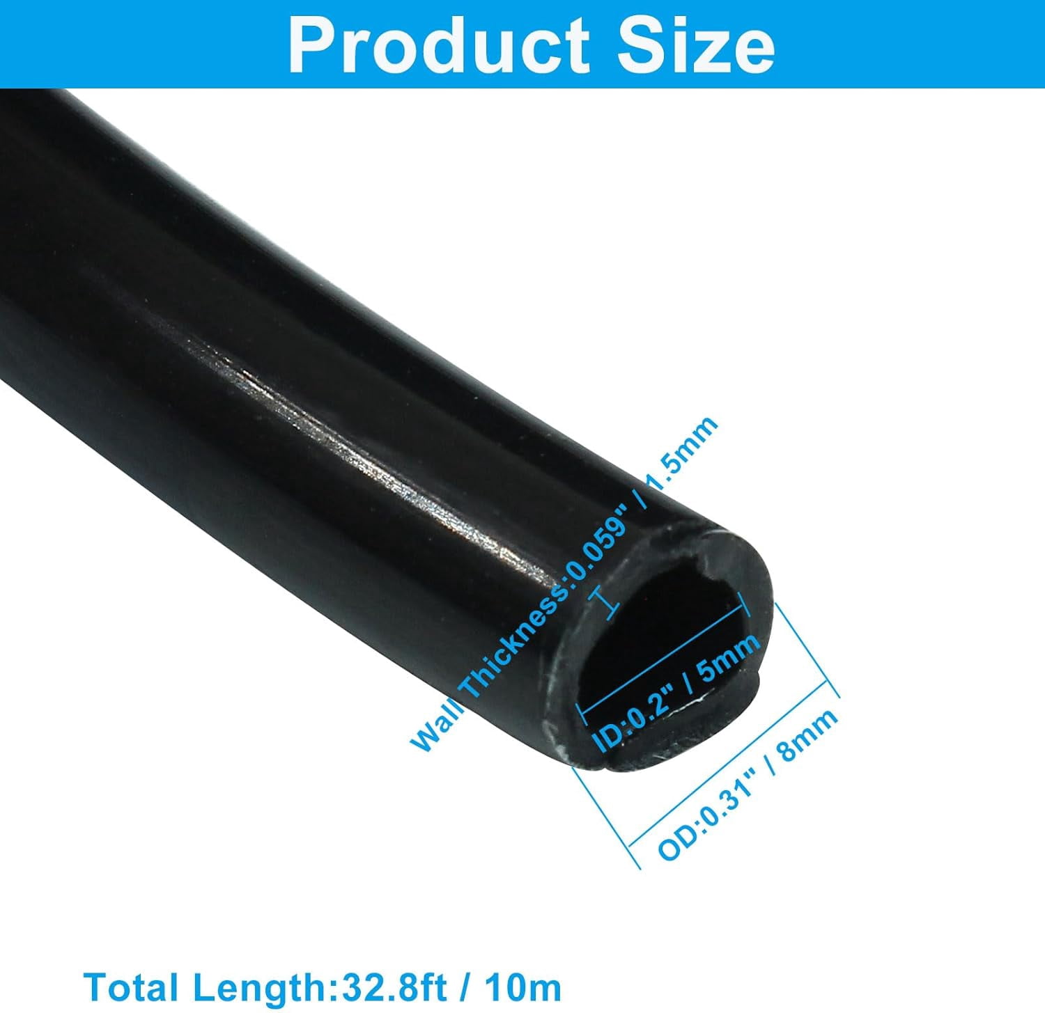 MKEUDQ-8mm x 5mm Pneumatic Tubing PU Polyurethane Air Compressor Tubing Air Hose Line for Fluid Transfer (Black 32.8ft/10Meters)