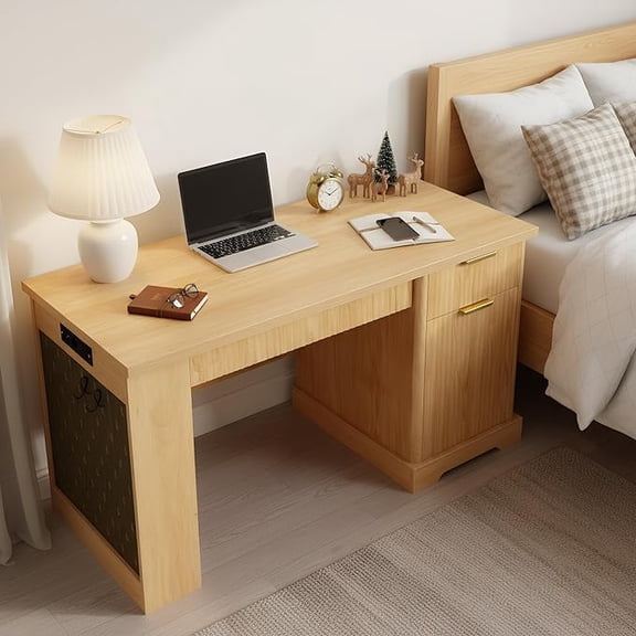 55'' Executive Desk with Pegboard & Charging Station, Fluted Home Office Desk with File Drawer and Storage Cabinet, Modern Writing Table for Office Home, Bedroom (Natural Oak)