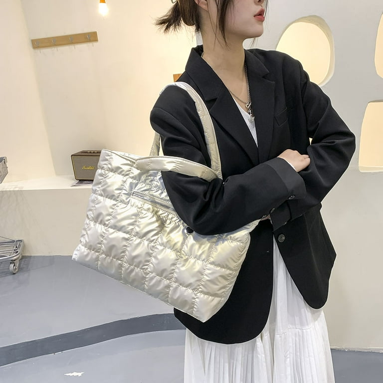 TBOLINE Retro Quilted Lattice Shoulder Bags Women Nylon Large Shopping Bag  (Beige) 