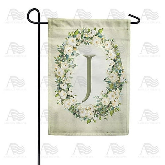 America Forever Spring Monogram Garden Flag Letter J 12.5 x 18 inches Double Sided Vertical Outdoor, Yard, Lawn, Beautiful Floral Wreath, White Flowers, Rose, Summer Themed Garden Flag