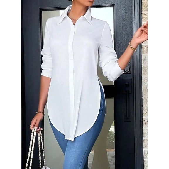 Women's Plus Size Collared Button Front Blouse, Long Sleeve Asymmetrical Hem Side Slit Shirt for Work, Office & Everyday Wear