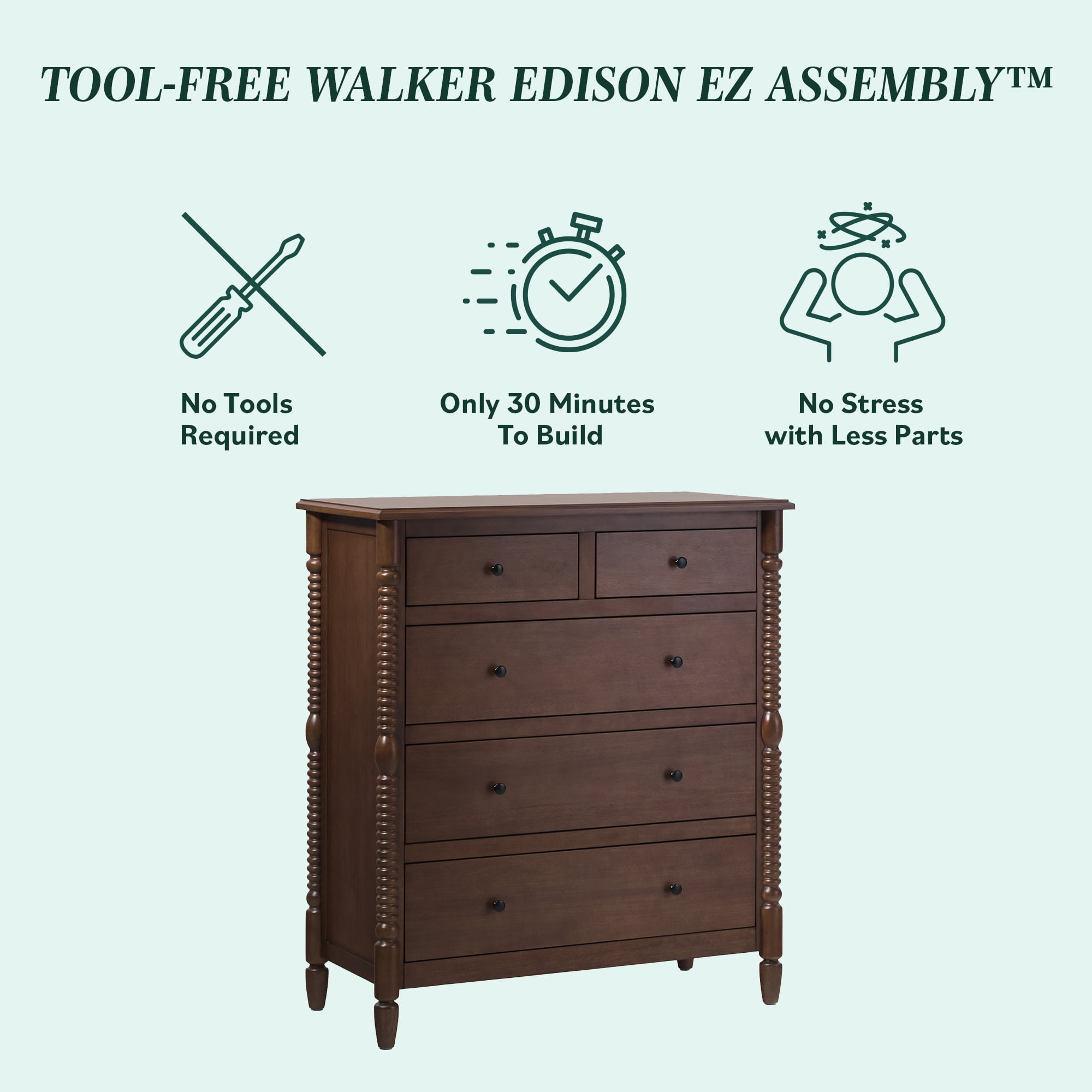 Vivienne Walker Edison Easy Assembly Solid Wood Spindle 5-Drawer Dresser - Dark Brown