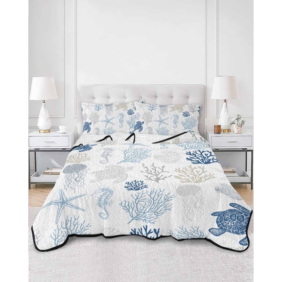 Quilts Twin XL Size, Navy Blue Coastal Soft Comforter Bedding Set for Bed, Nautical Summer Beach Coral Sea Turtle Lightweight Quilted Bedspread with Pillow Cover(2 Pieces) for All Season, 68x98 Inch