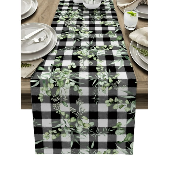 Table Runner Dresser Scarves 90 Inch Long, Summer Natural Plant Watercolor Leaf Linen Dining Table Runners Black and White Buffalo Plaid Tabletop Scarf for Wedding Holiday Party Kitchen