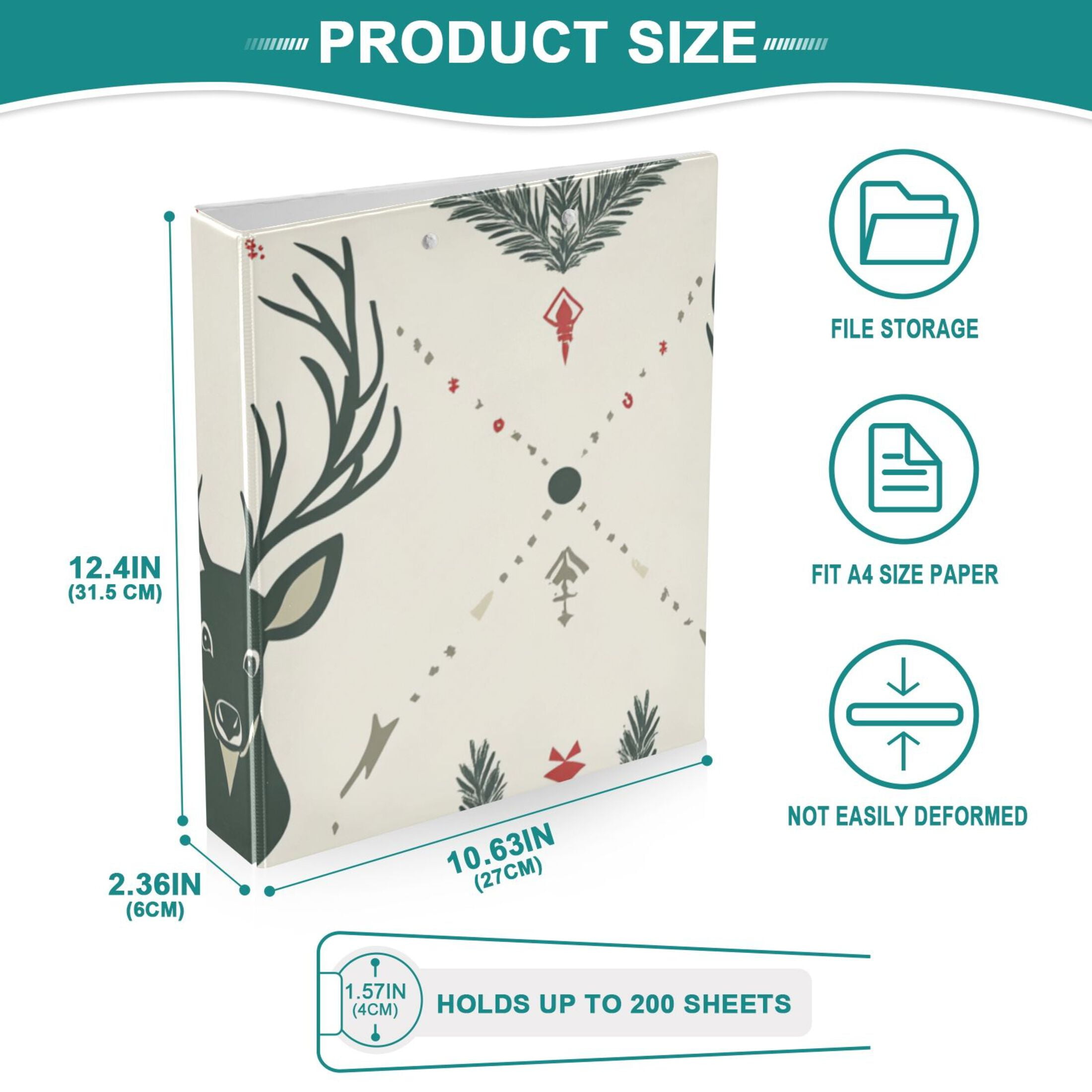 Deer Face Leaves 3 Ring Binders 1.5 inch Hardcover File Folders with Interior Pockets A4 Size Organizer for School Office Hospital