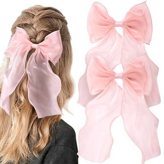2Pcs Large Hair Bow Clips, Silk Yarn Ribbon Bow Hair Barrette for Women, Elegant Long Tail Bowknot French Hair Accessories for Wedding, Parties, Festivals