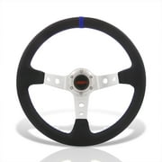 AJP Distributors JDM Sport Universal 350mm 14" 6 Bolt Hole Deep Dish Steering Wheel Black PVC Leather Blue Stitch Pin Stripe Light Weight Aluminum 3 Spoke + Horn Button Replacement
