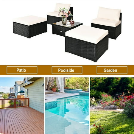 Costway 5PCS Patio Rattan Wicker Furniture Set Armless Sofa Ottoman