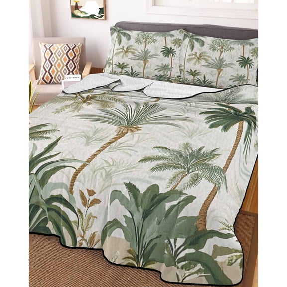 Tropical Green Palm Tree King Size Down Alternative Comforter, Lightweight Comforter Quilt Bedding Set with Pillow Shams Summer Beach Botanical All Seasons Bed Comforter Duvet Insert 96"x106"