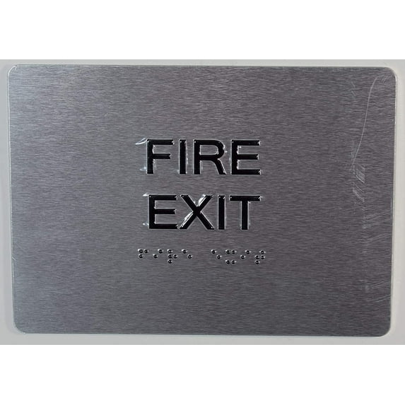 FIRE EXIT Sign with Tactile Text and Braille Sign -(Aluminium, Brush Silver,Size 5X7) The Sensation line(ref-2022-4)